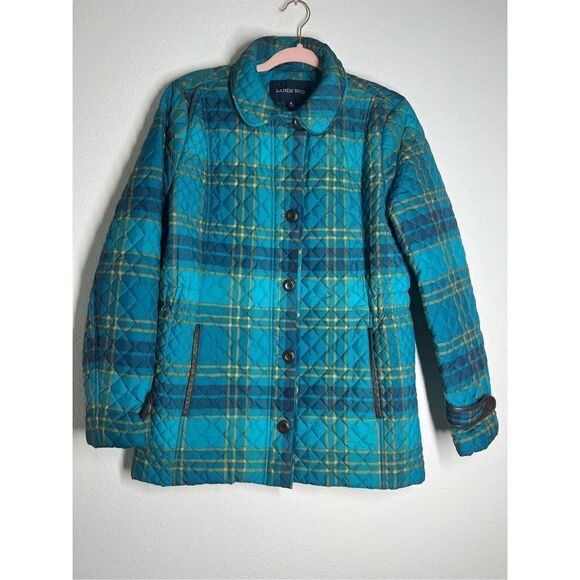 Lands End Womens Coat Size MPetite Blue Plaid Button Front Short Primaloft Insul - Picture 1 of 13